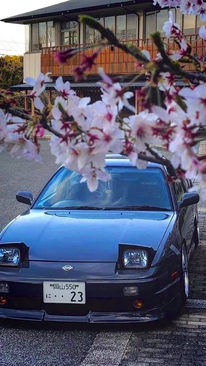 A blue car parked under a tree with pink flowers. - JDM