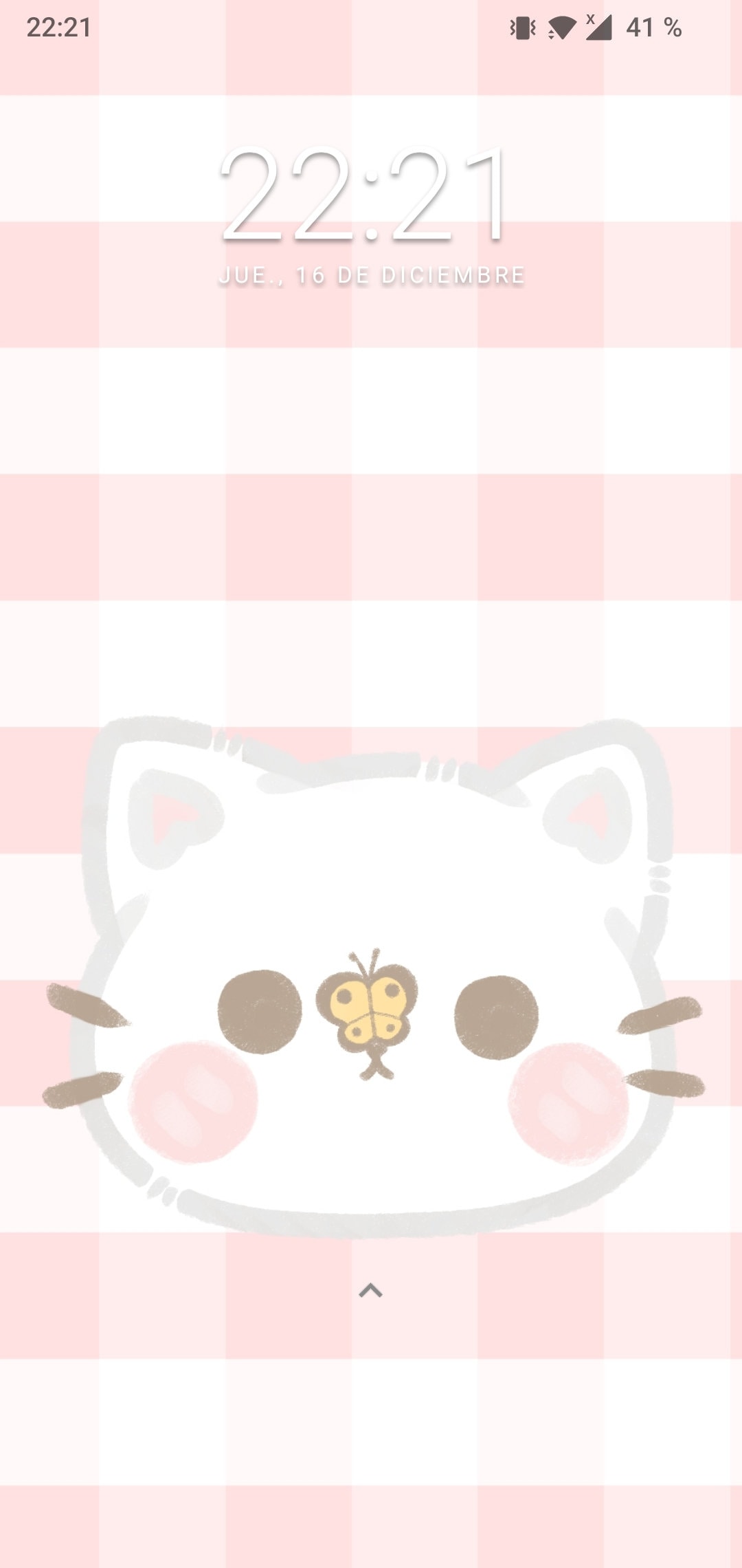 A pink and white checkered pattern with a cat and a butterfly on it - Kawaii