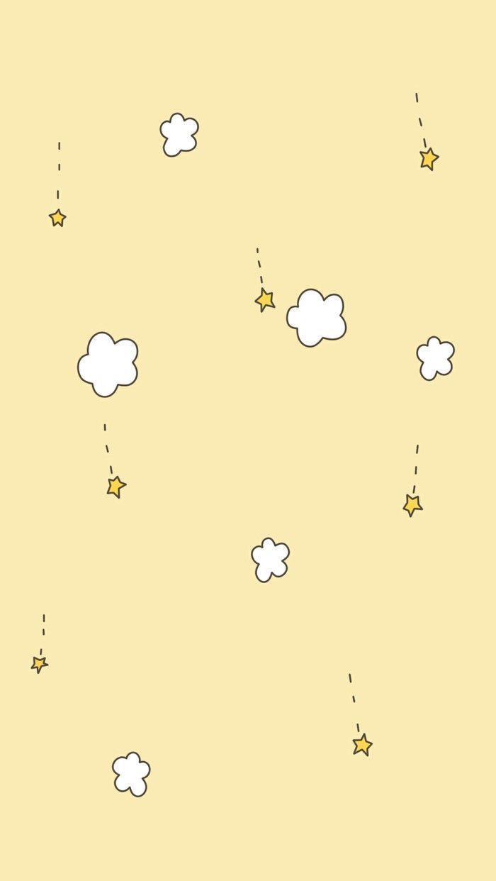 A yellow background with white clouds and yellow stars - Kawaii