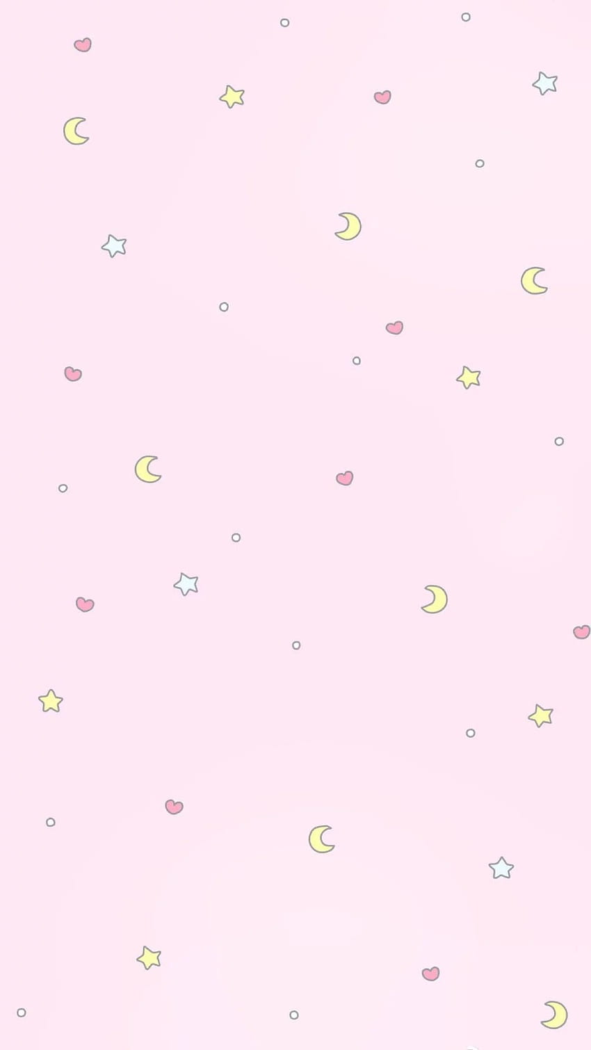 A pink background with white circles, pink hearts, yellow stars, and yellow moons. - Kawaii