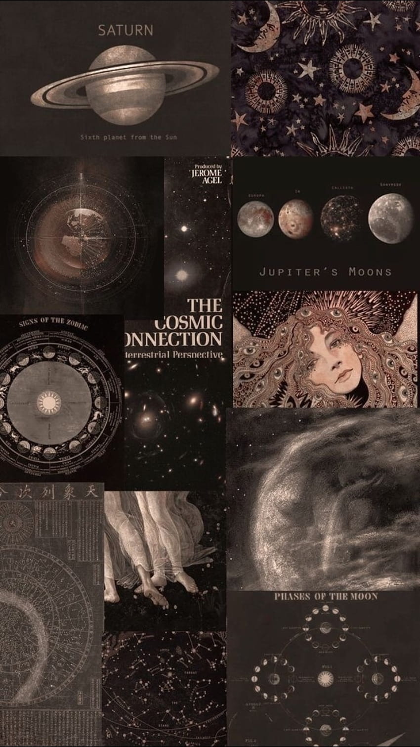 Aesthetic collage of black and white images of the solar system, space, and the moon. - Space, Leo, Taurus, planet, Capricorn, Virgo, Pisces, Cancer