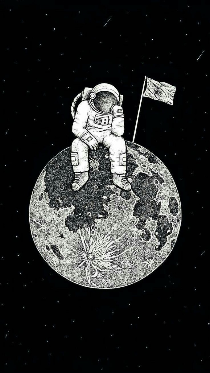 A black and white drawing of an astronaut sitting on the moon - Space