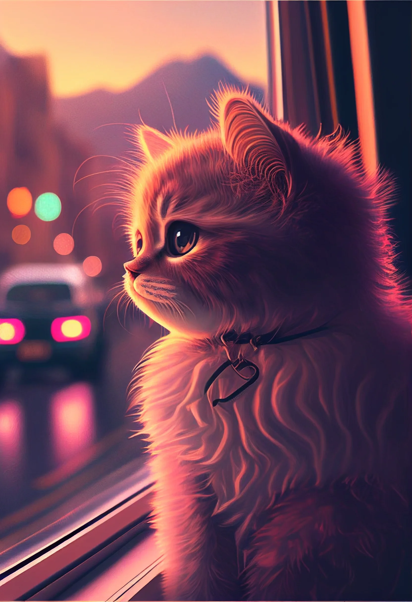 A kitten sitting on a windowsill, looking out at a city street - Cat, cute, beautiful, pastel orange