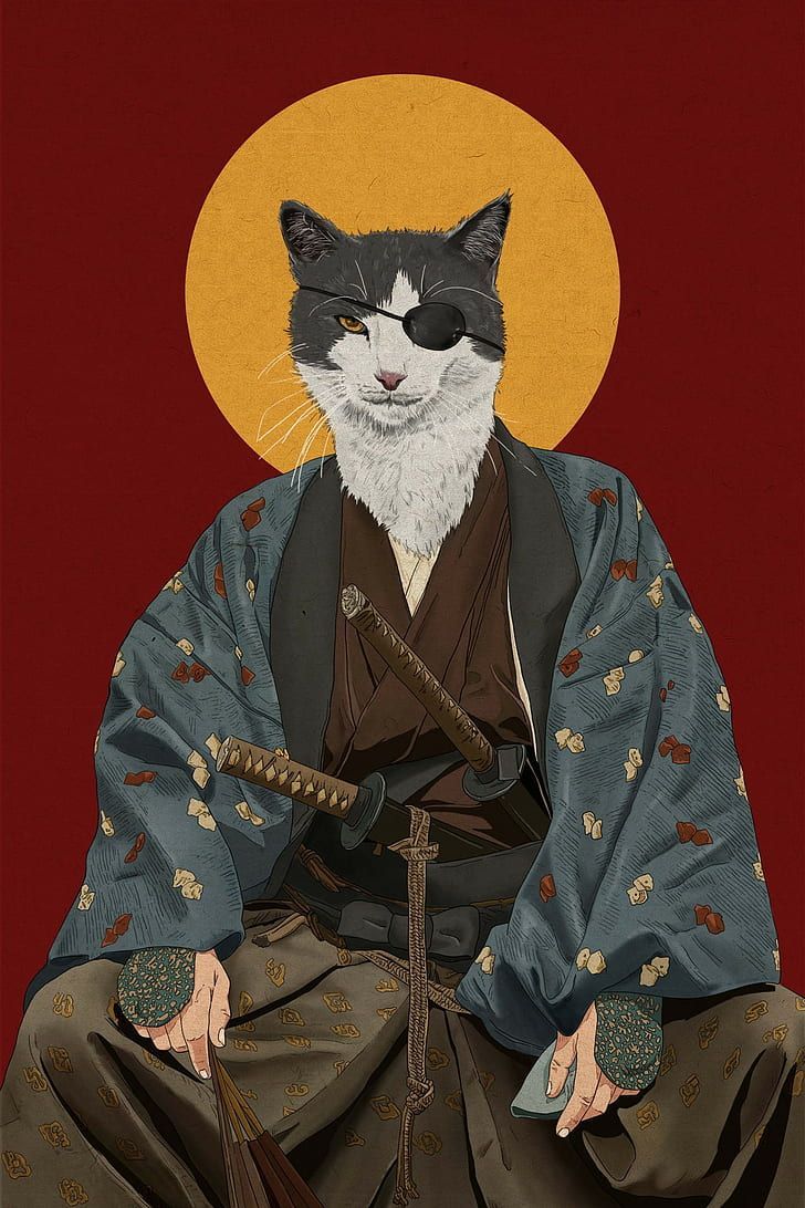 An illustration of a cat dressed as a samurai - Cat, eyes, dark vaporwave, Cyberpunk