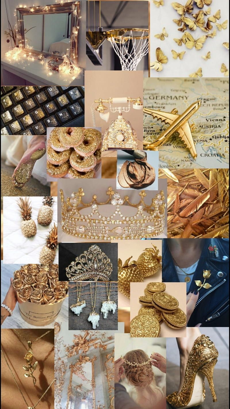 A collage of gold items including shoes, jewels, and other accessories. - Gold