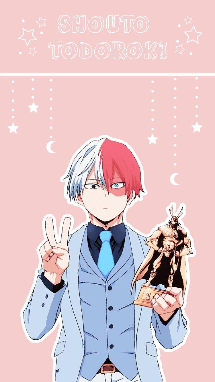 Anime character with red hair and blue suit holding a trophy - Shoto Todoroki