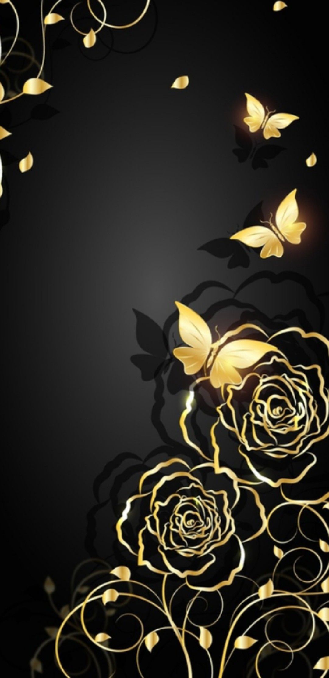 A gold rose and butterfly design on black background - Gold