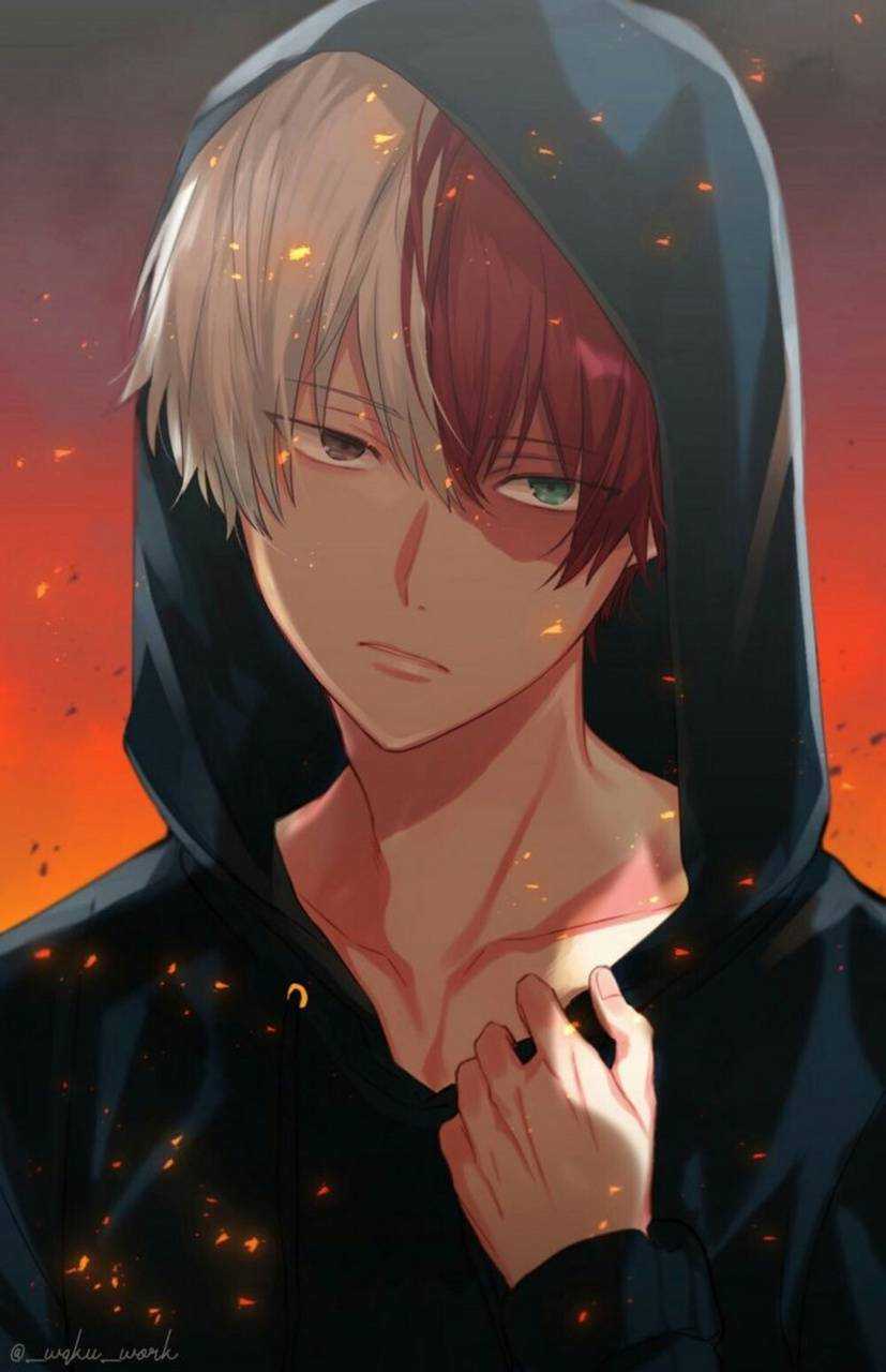 A hooded Shoto Todoroki from My Hero Academia with a fiery background. - Shoto Todoroki