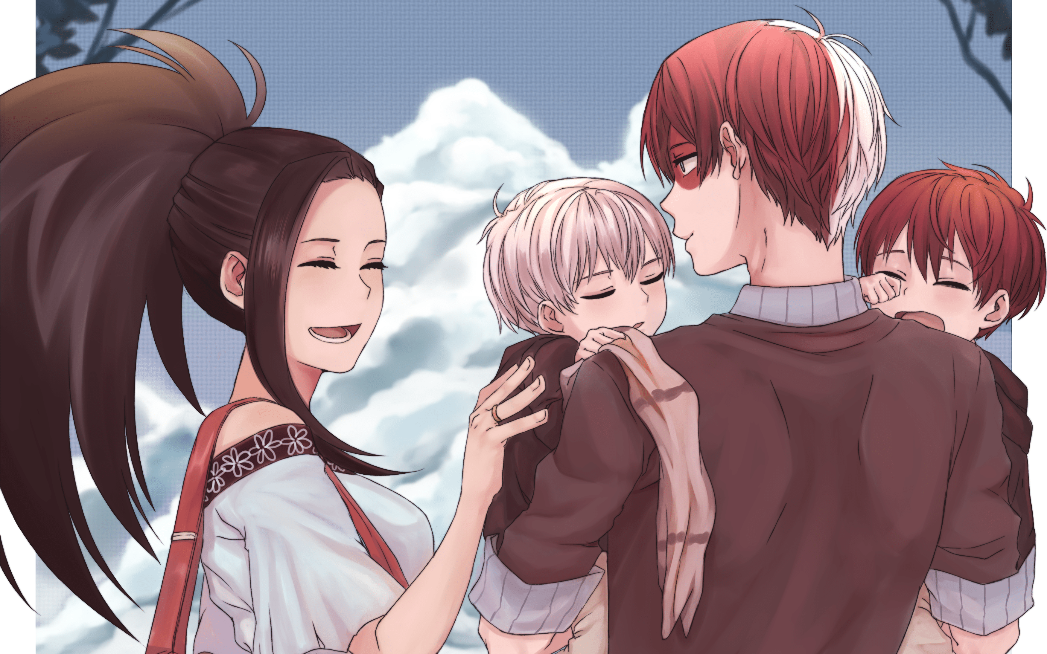 An anime family of four, a man and a woman holding two children, stand in front of a cloudy sky. - Shoto Todoroki