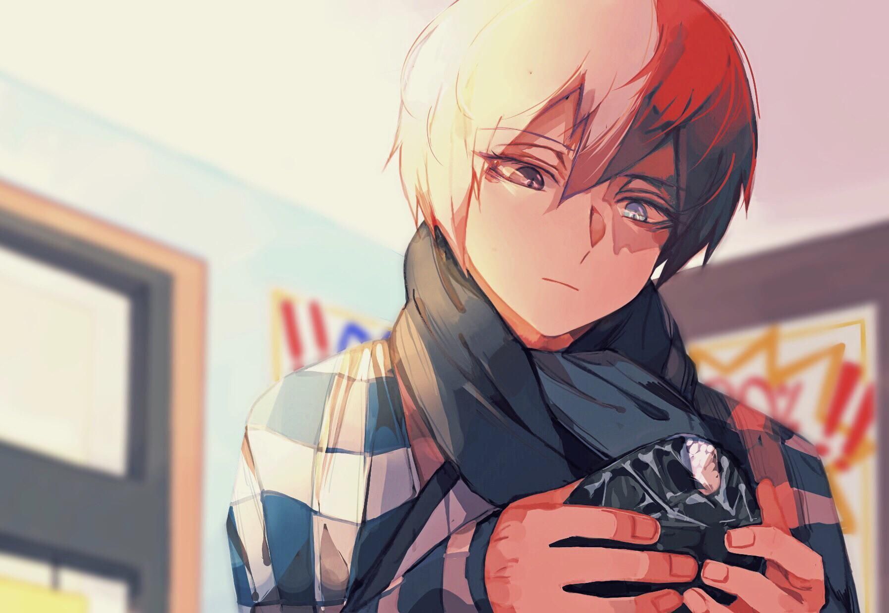 A red-haired anime boy holding a smaller anime boy in his hands - Shoto Todoroki