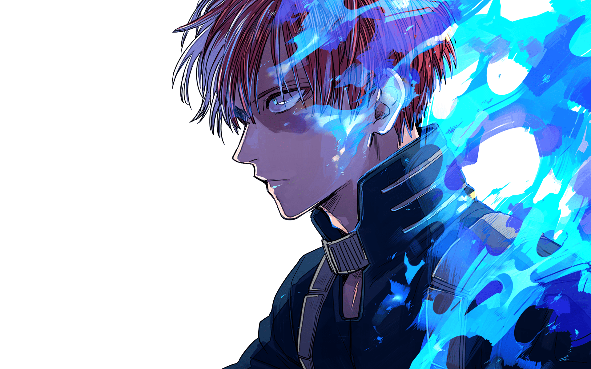 A profile of a young man with short hair, wearing a black jacket with a white shirt underneath. He has blue electricity arcing from his head to his left shoulder. - Shoto Todoroki