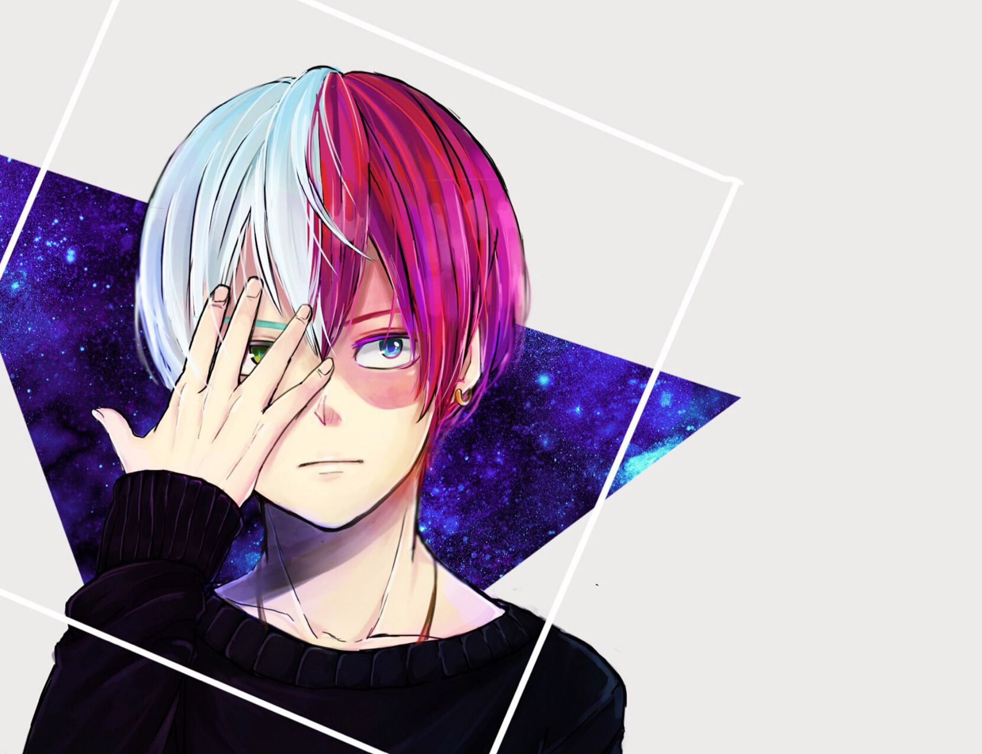 A picture of the character Shoto from My Hero Academia with his right hand covering his left eye. - Shoto Todoroki