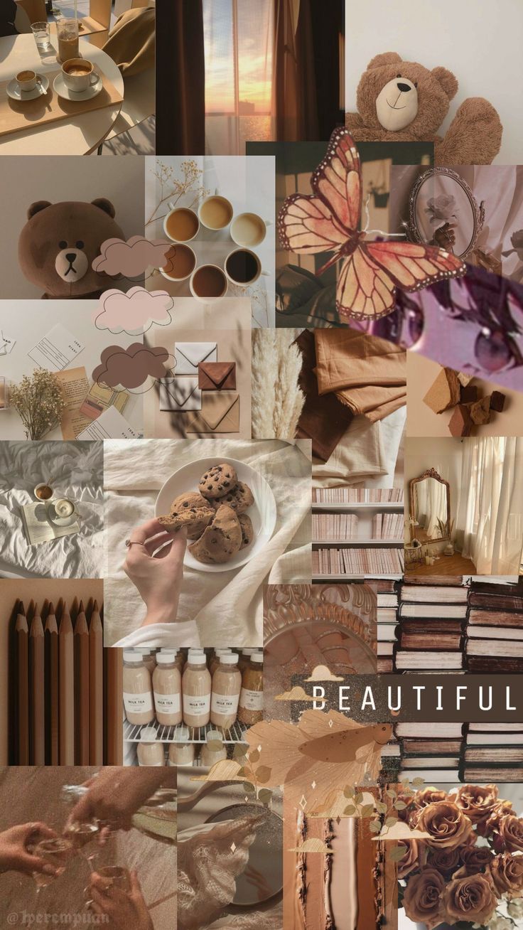 Aesthetic collage of brown, beige, and tan colors, with teddy bears, books, and butterfly images. - Light brown