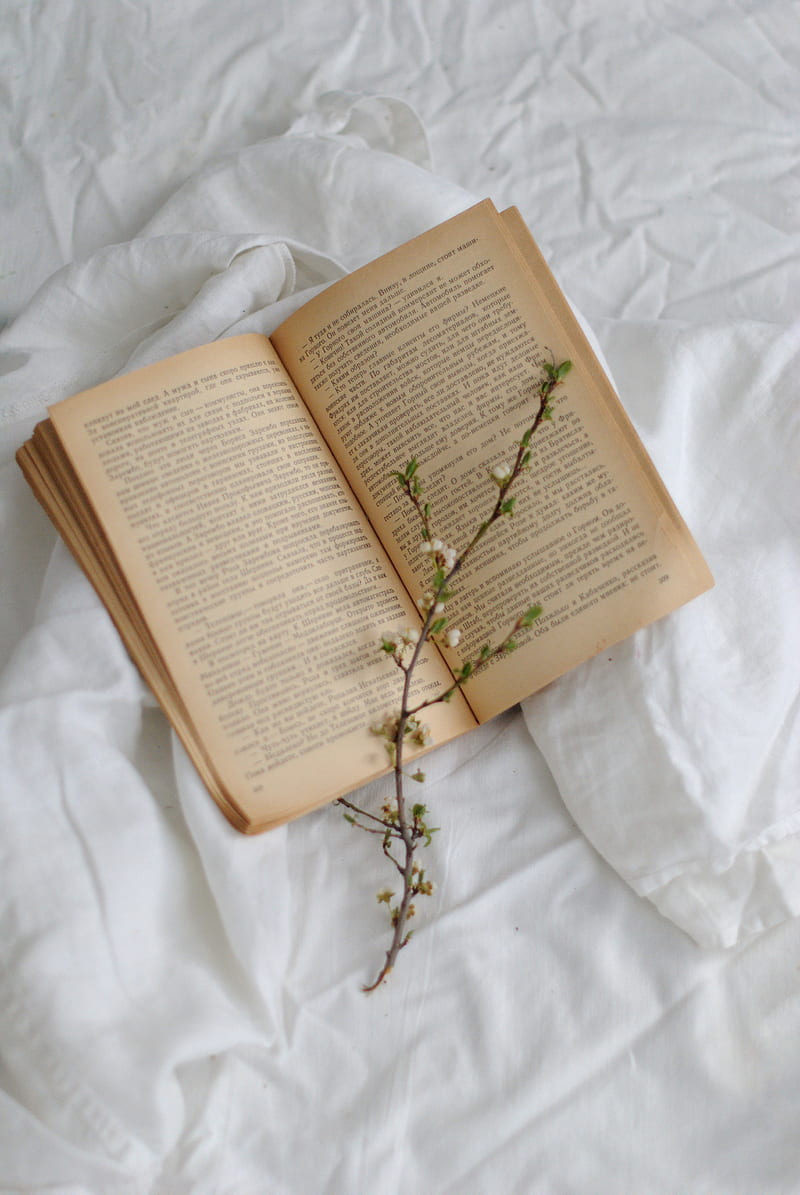 A book is laying on top of white sheets - Books