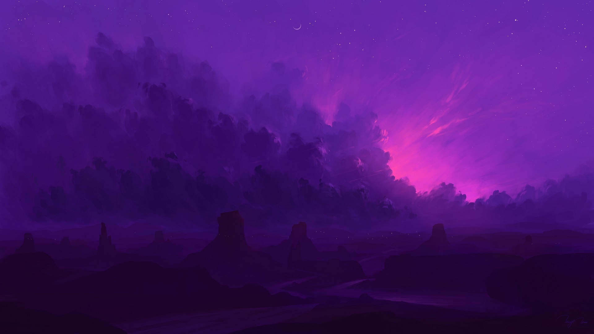 A purple sky with some trees and rocks - Beautiful