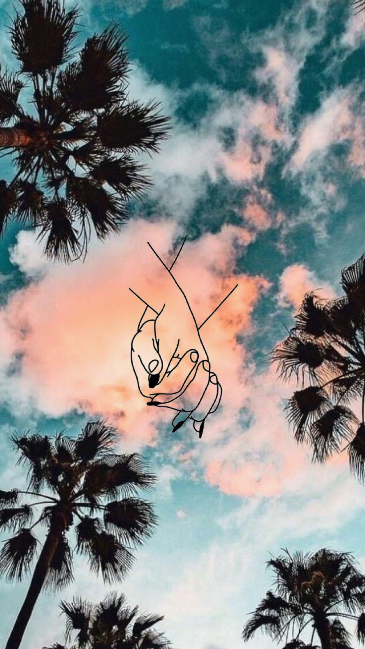 IPhone wallpaper of a sky with palm trees and a hand drawn cloud - Beautiful, palm tree