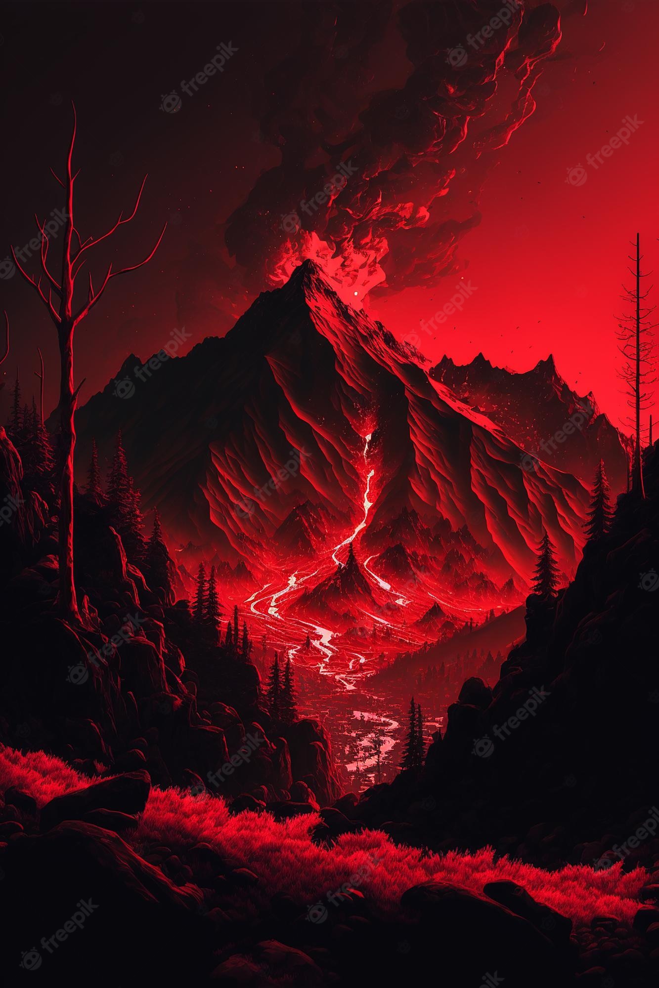 A red and black mountain with trees - Dark red