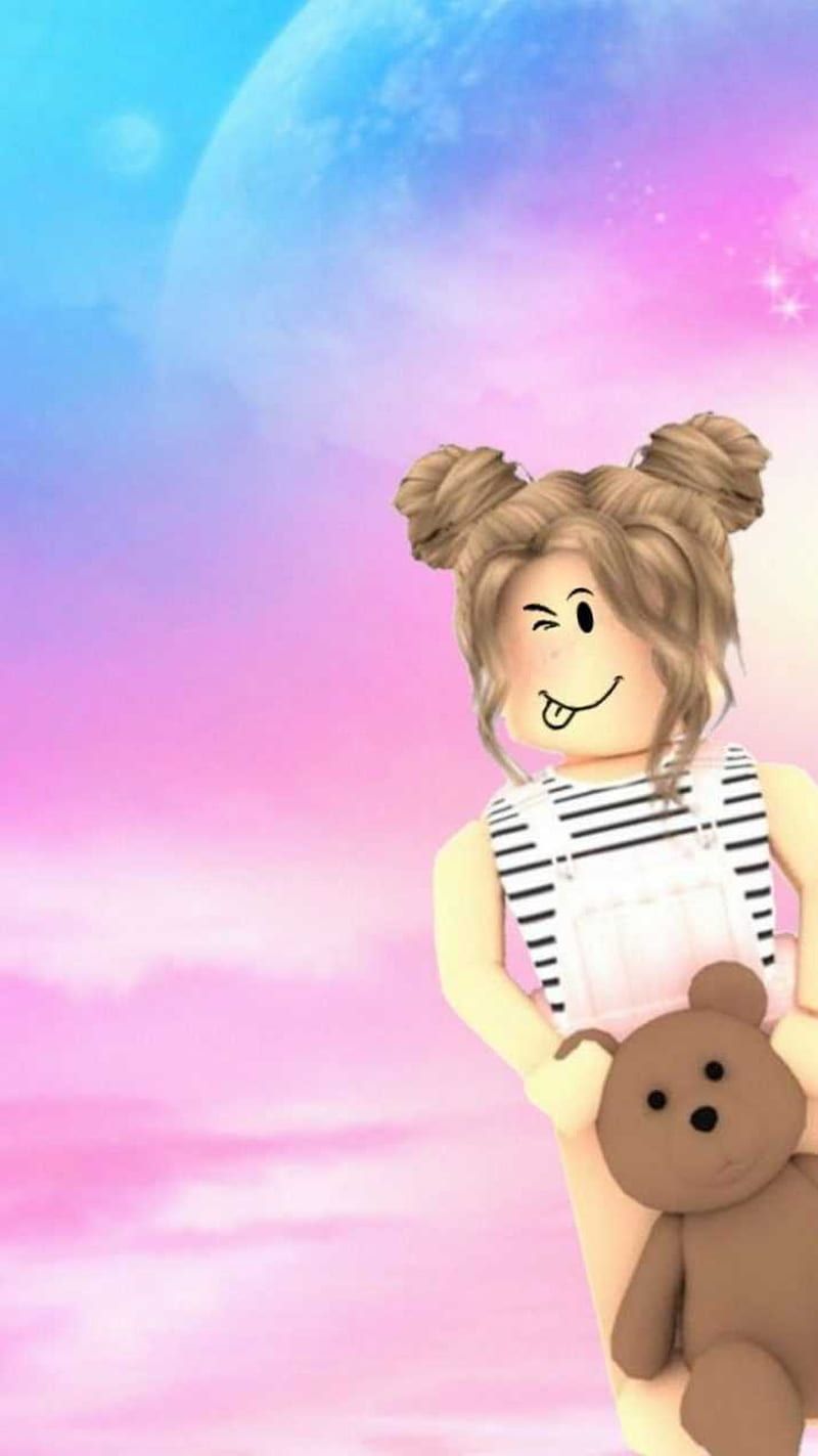 A girl with long hair holding up her teddy bear - Roblox