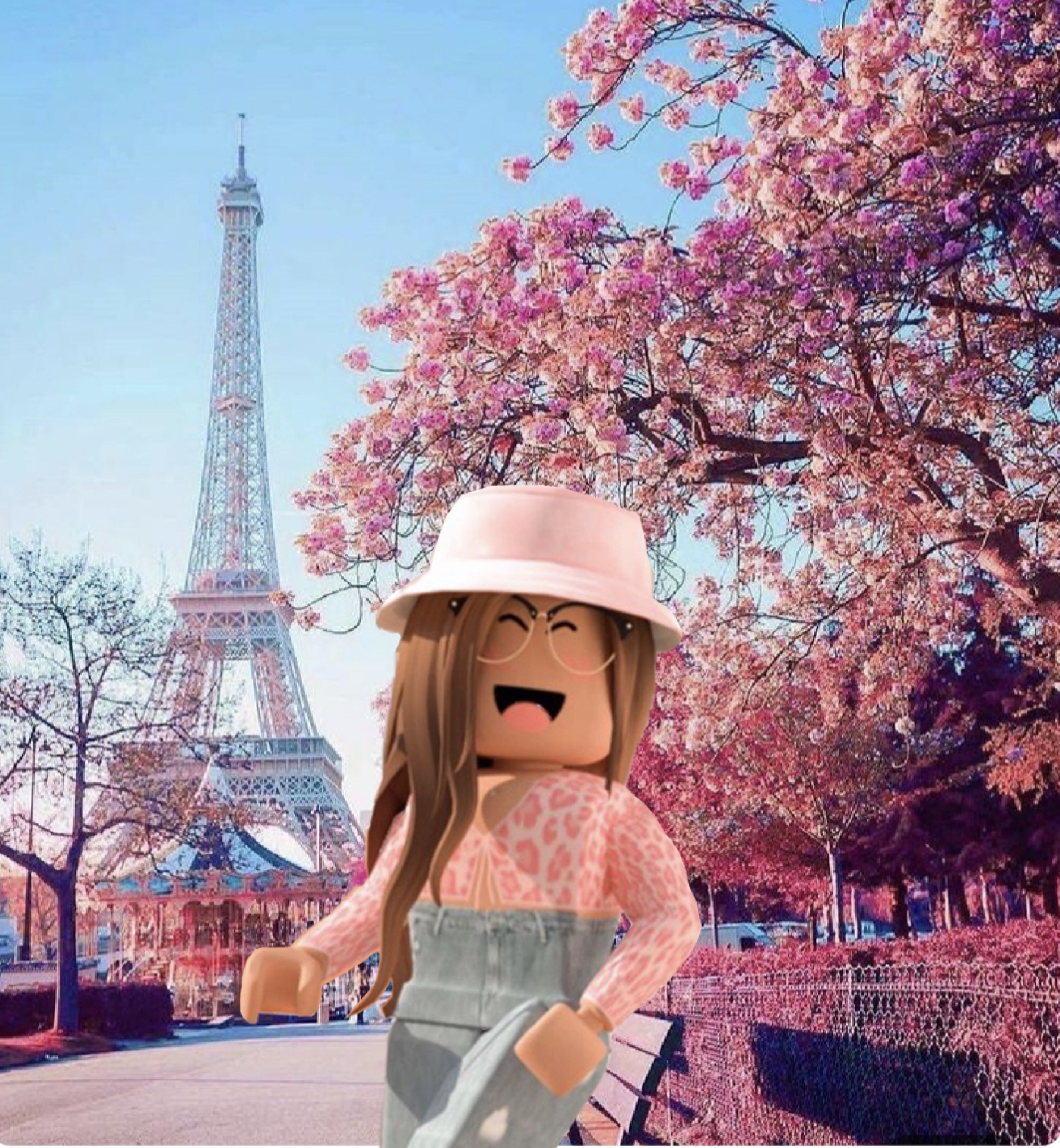 Roblox character standing in front of the Eiffel Tower - Roblox