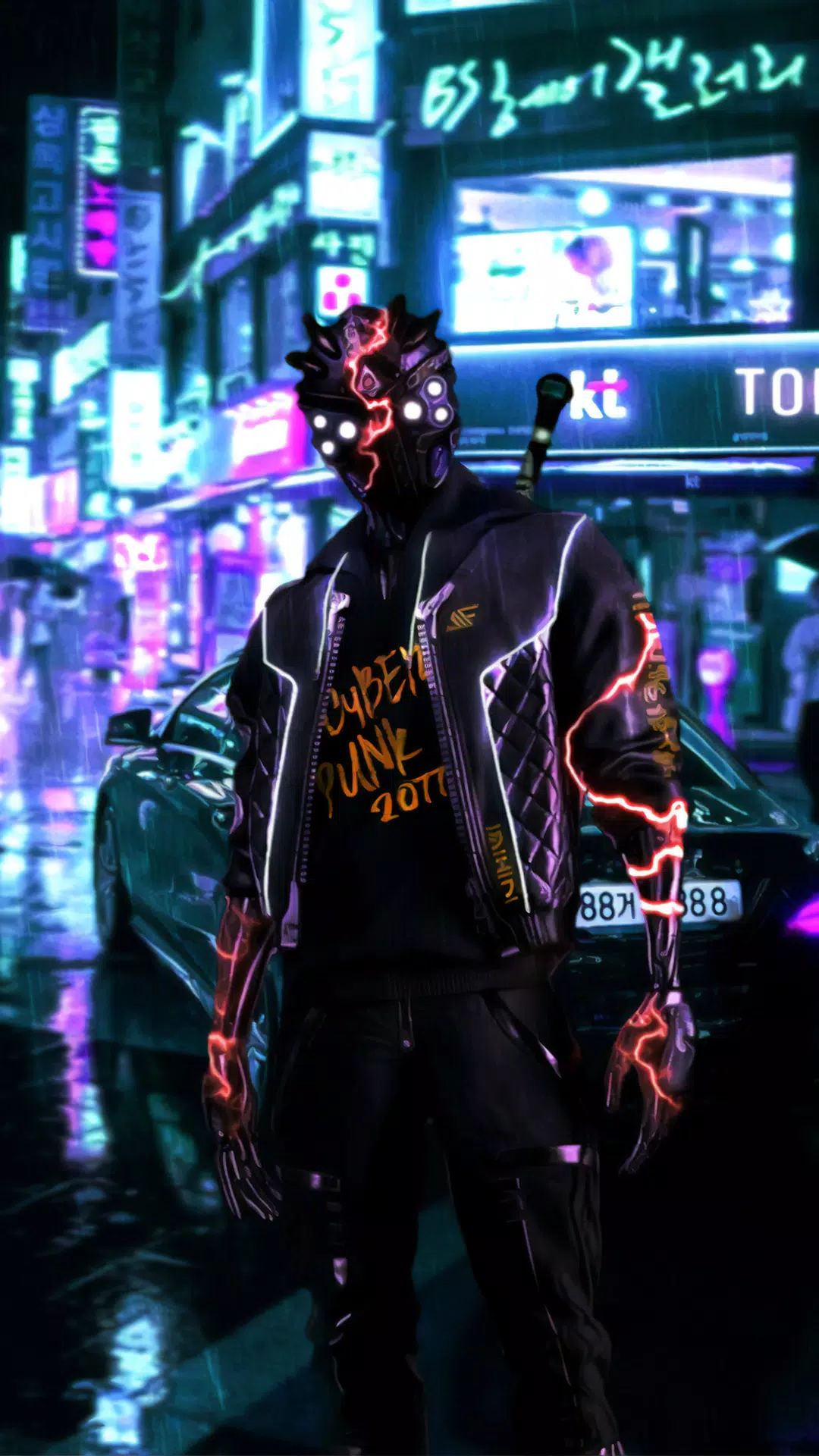 A man in black and neon clothing standing on the street - Cyberpunk
