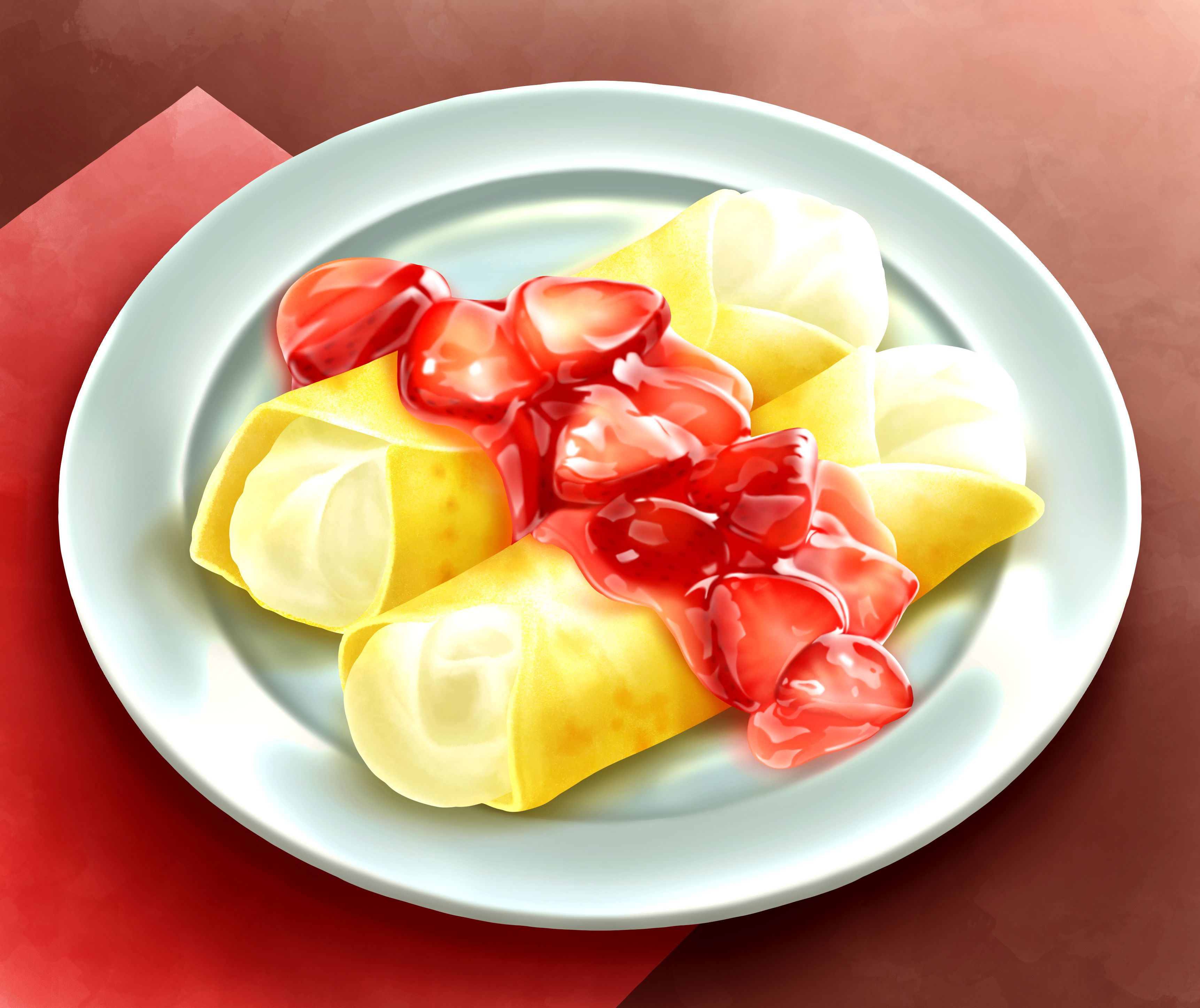 A plate of crepes with strawberry sauce on a red tablecloth. - Food
