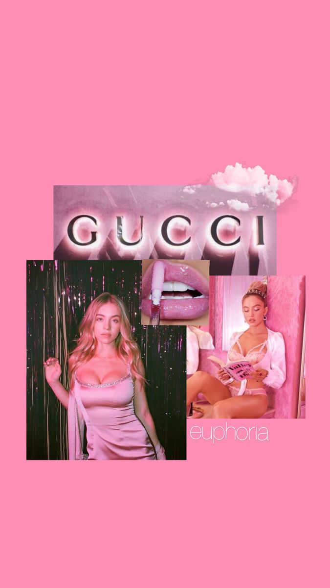 A pink background with pictures of gucci and the word 'guccie' - Euphoria, Gucci