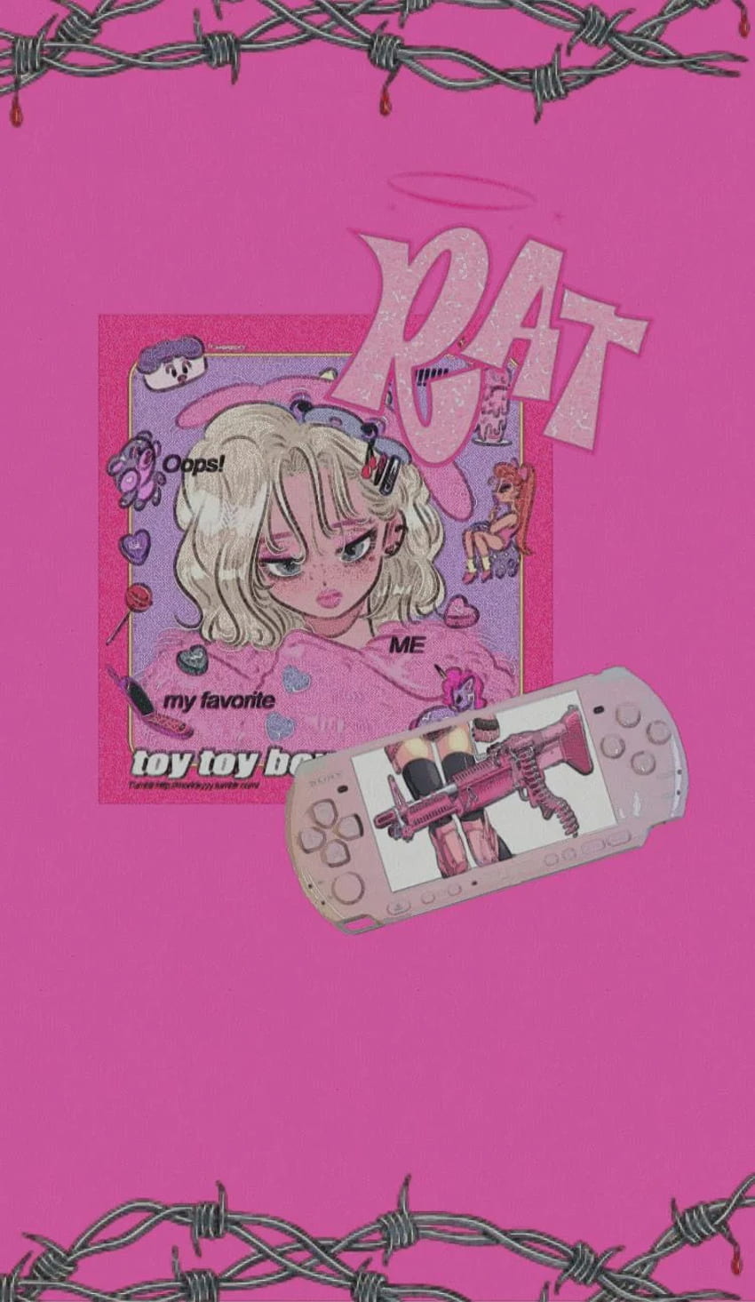 Pink aesthetic phone background with anime girl and barbed wire - Kidcore