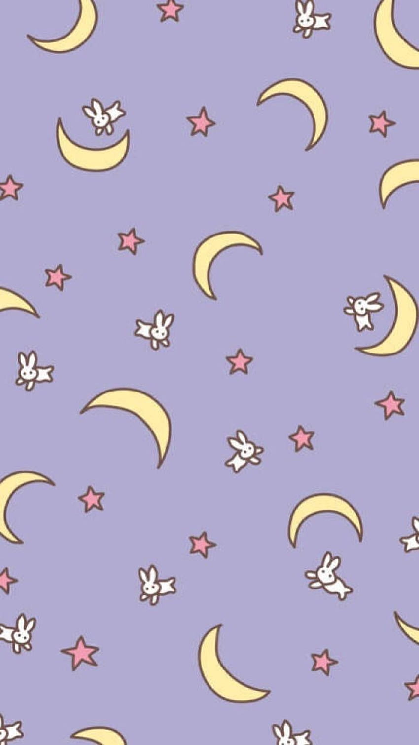 Wallpaper for phone cute, purple background, with white rabbit, pink stars and yellow moons, sailor moon inspired - Kidcore, Sailor Moon