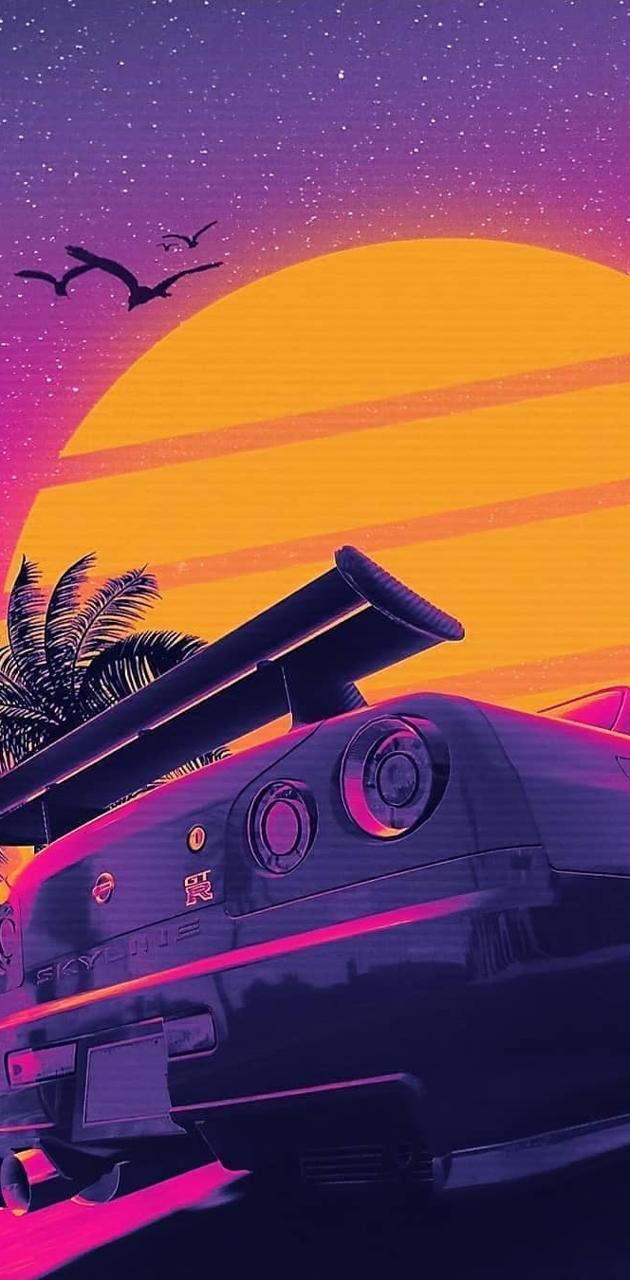 A retro style car in front of an orange sunset - Vaporwave