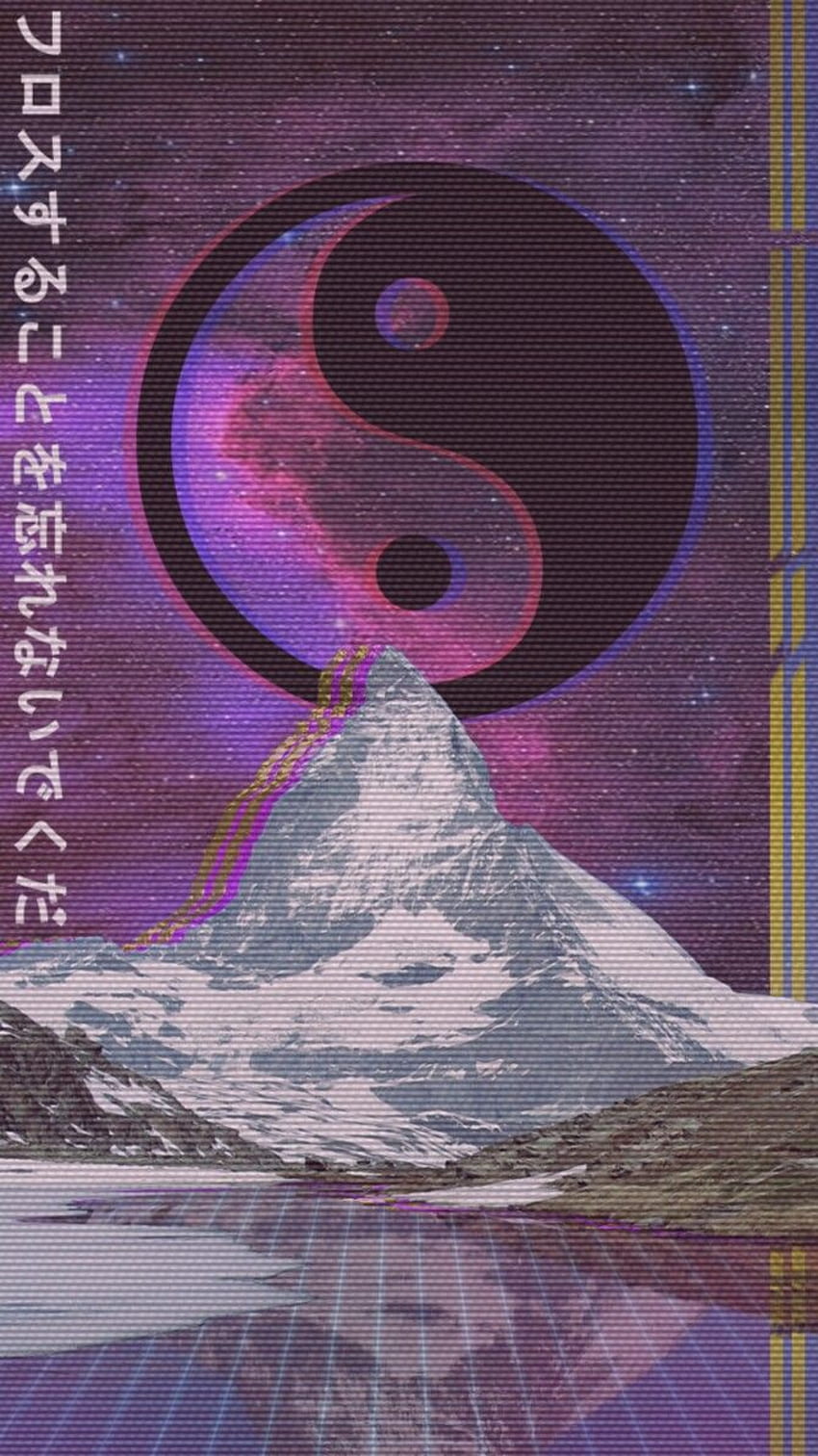 A mountain with the yin and sigma symbol - Vaporwave