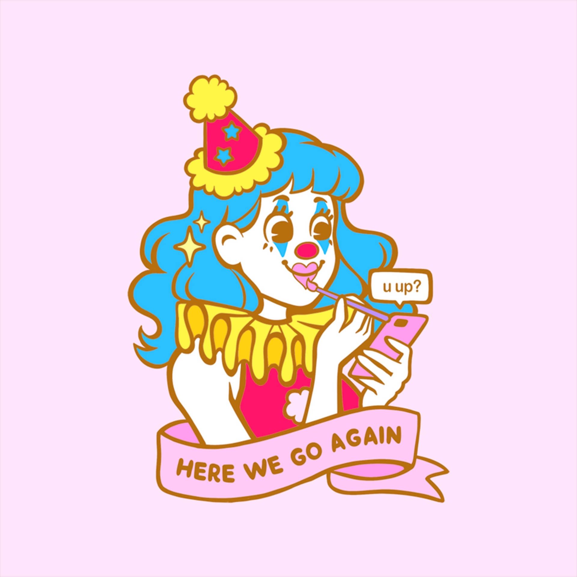 A cartoon illustration of a blue-haired woman in a party hat, holding a phone and a speech bubble that says 