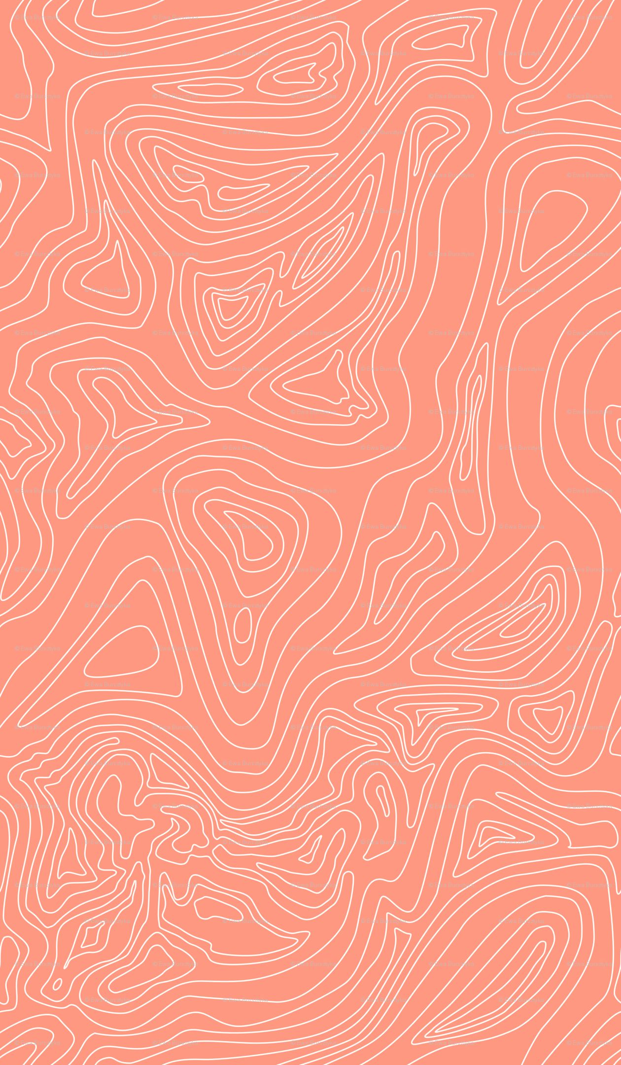 A topographic map pattern in white on a salmon pink background - Coral, salmon