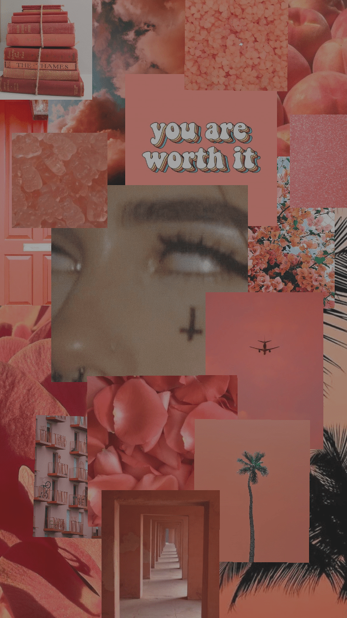 Collage of pink aesthetic images including books, flowers, and a girl's eye. - Coral