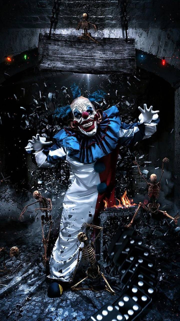 A clown is standing in front of some skulls - Clown