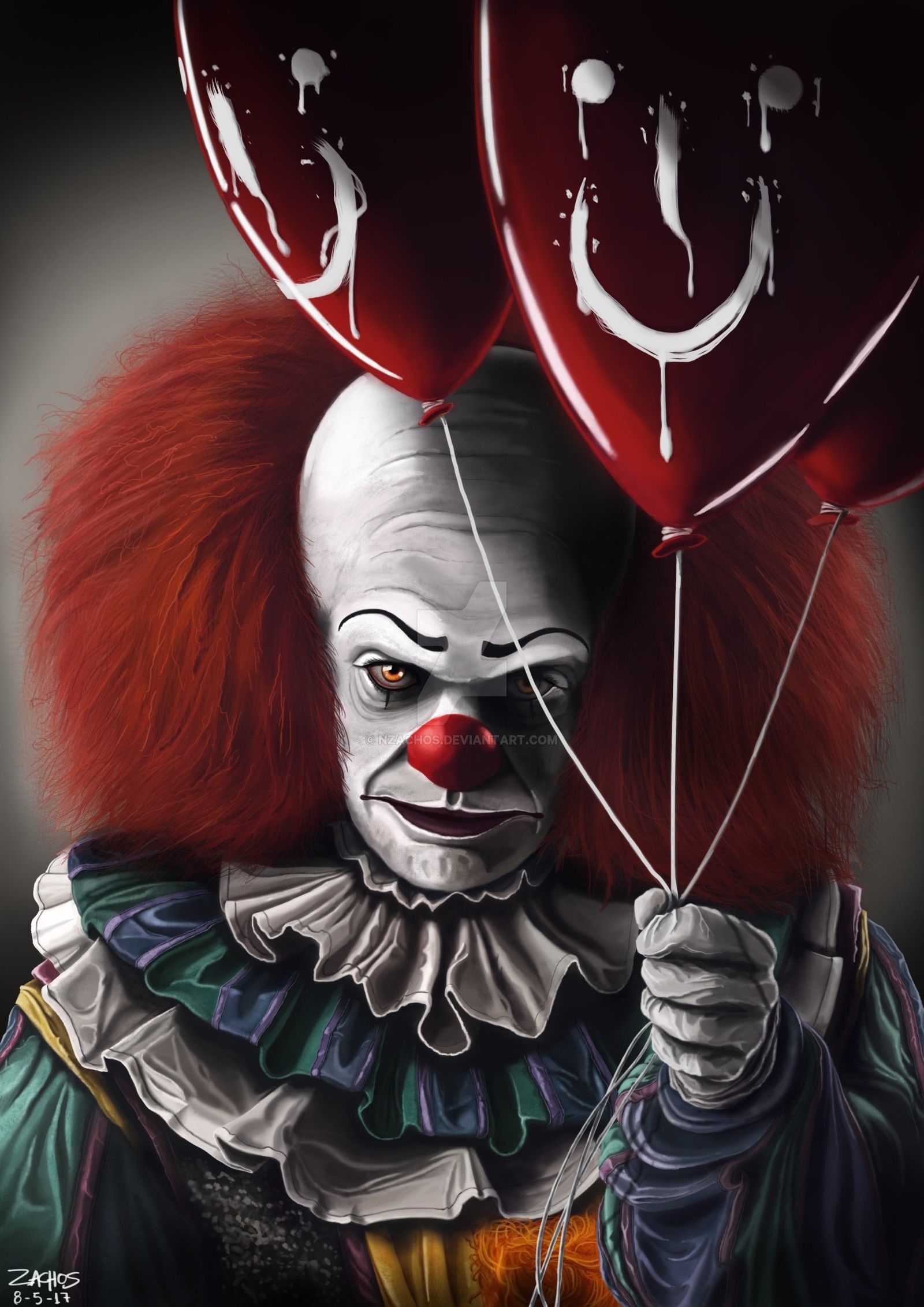A clown holding two red balloons with smiley faces - Clown