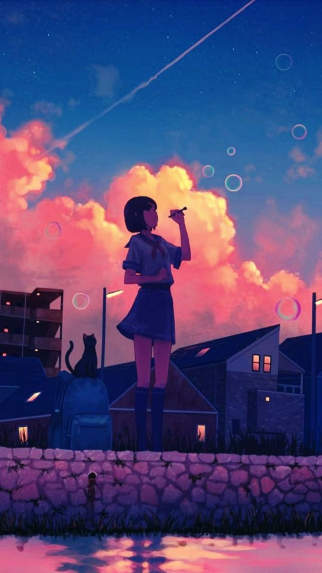 A girl is standing on the edge of water with bubbles - Anime