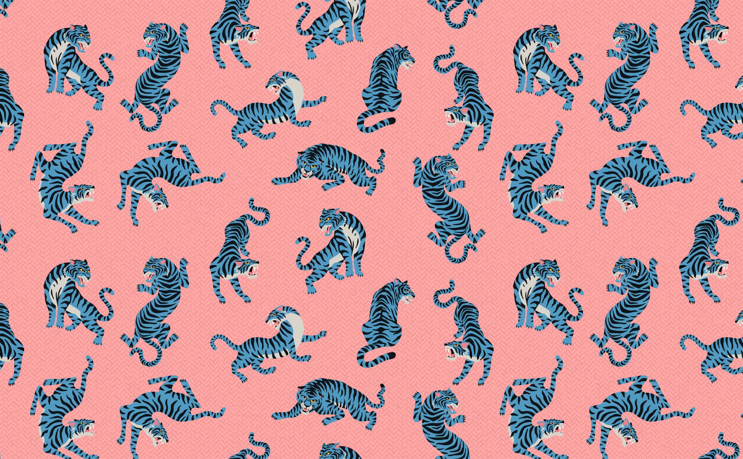 A pink background with blue tigers on it - Coral, tiger