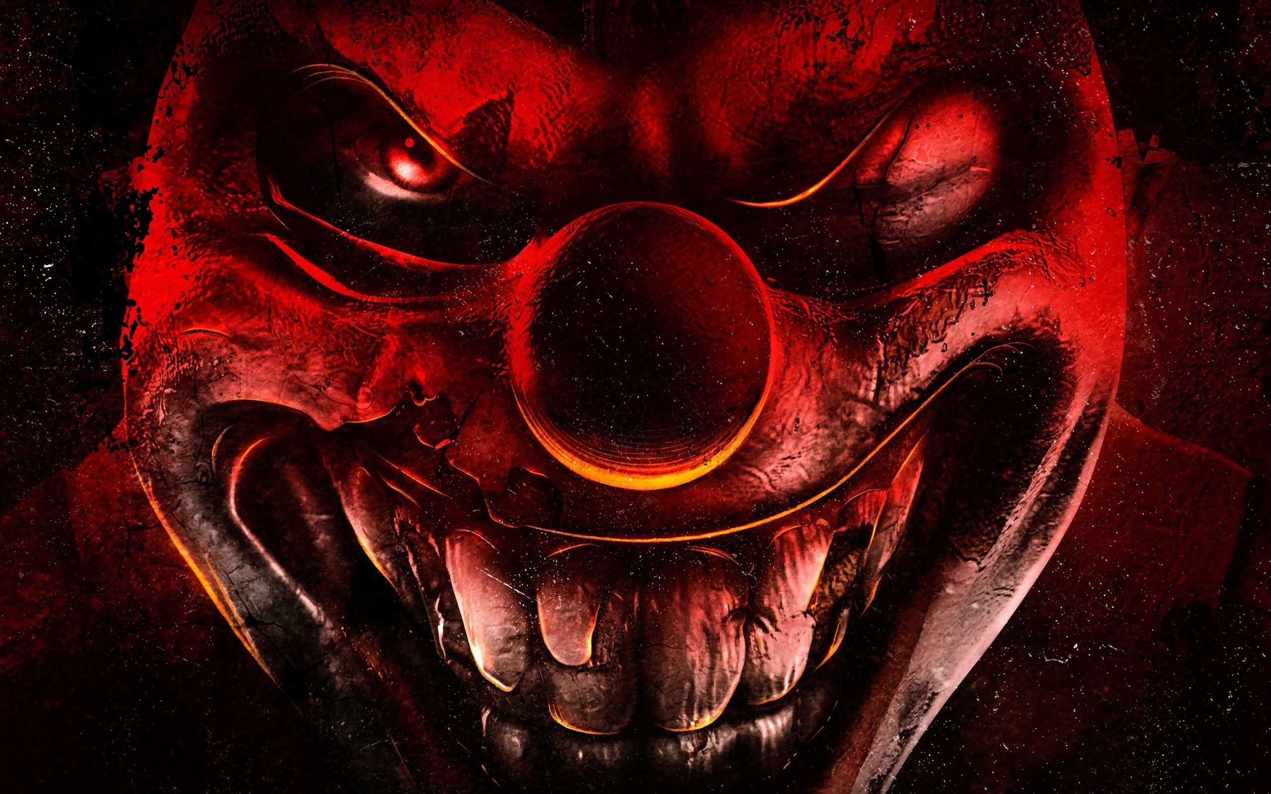 A red and black clown face with glowing eyes - Clown