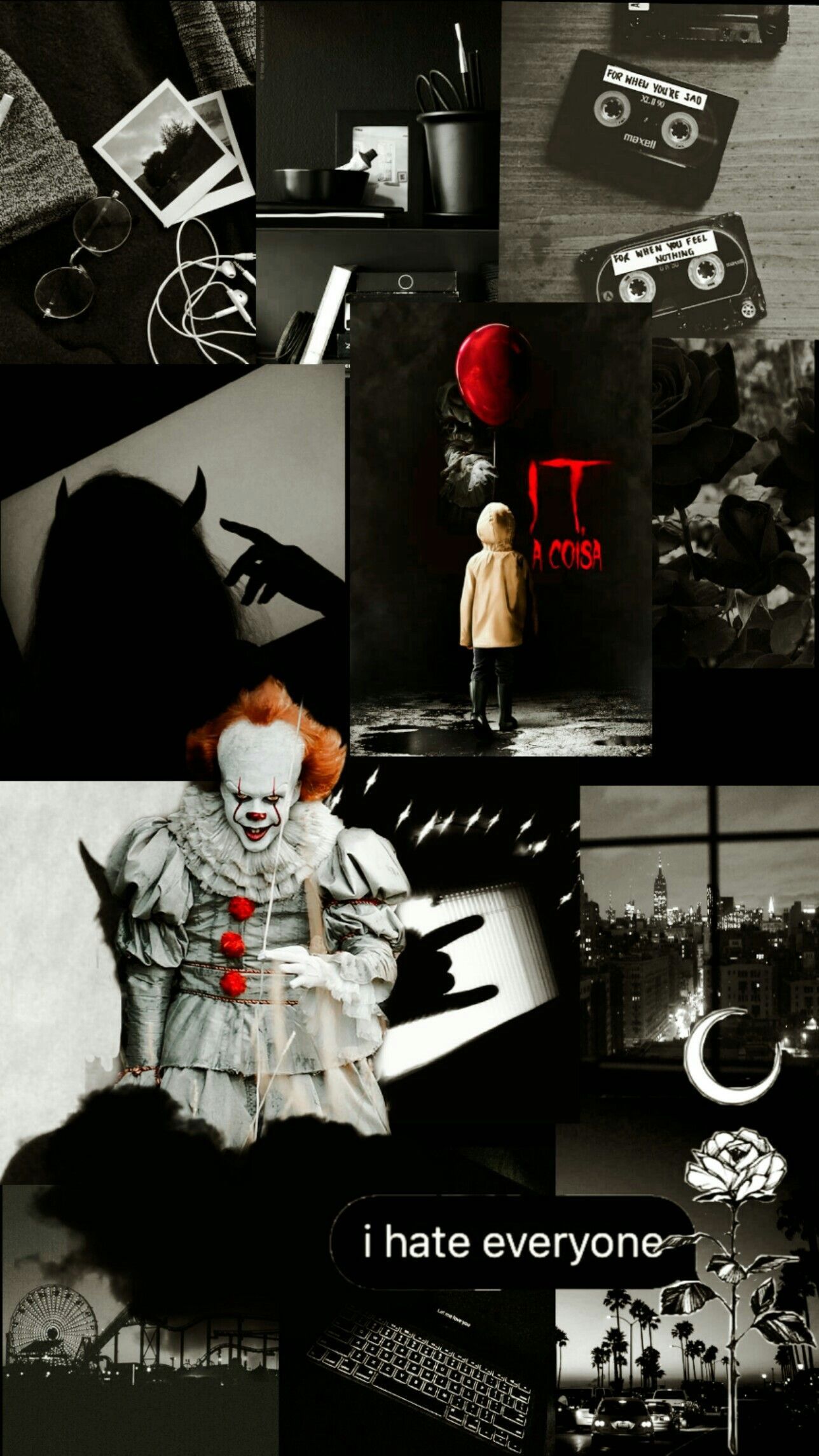 A collage of images with captions that say hate everyone - Clown