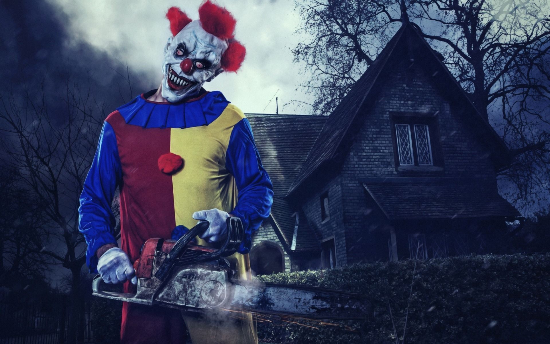 A clown holding an axe in front of his face - Clown