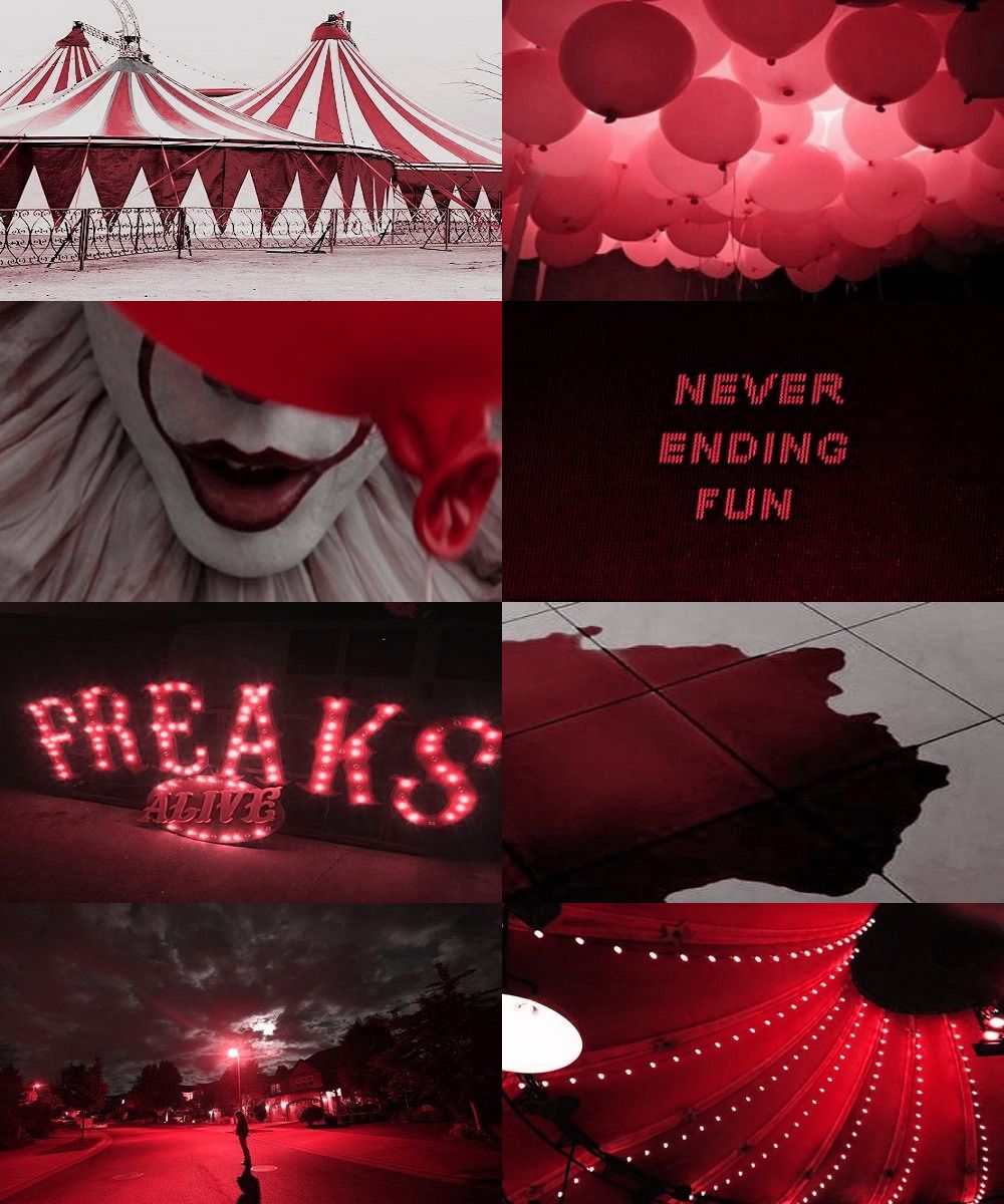 Aesthetic red circus background with a clown face and the words 