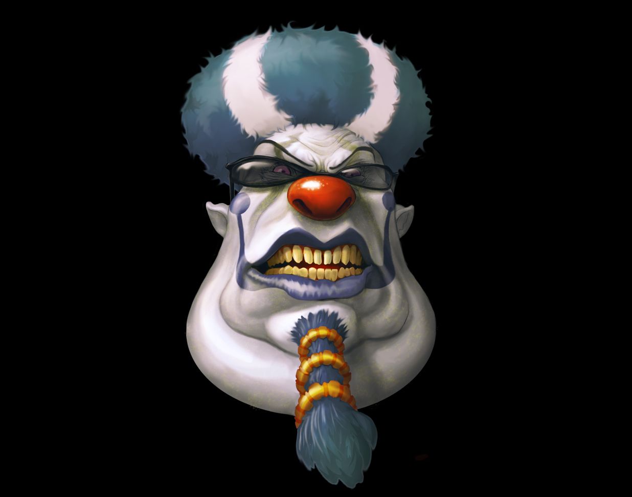 A white clown with a blue and white hairdo, a red nose, and yellow teeth - Clown