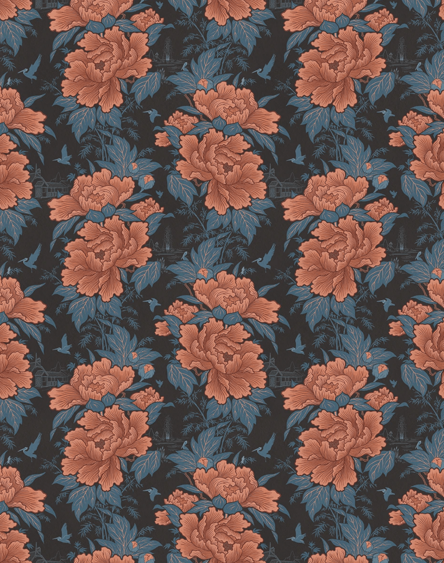 A floral pattern with orange flowers on a black background - Coral