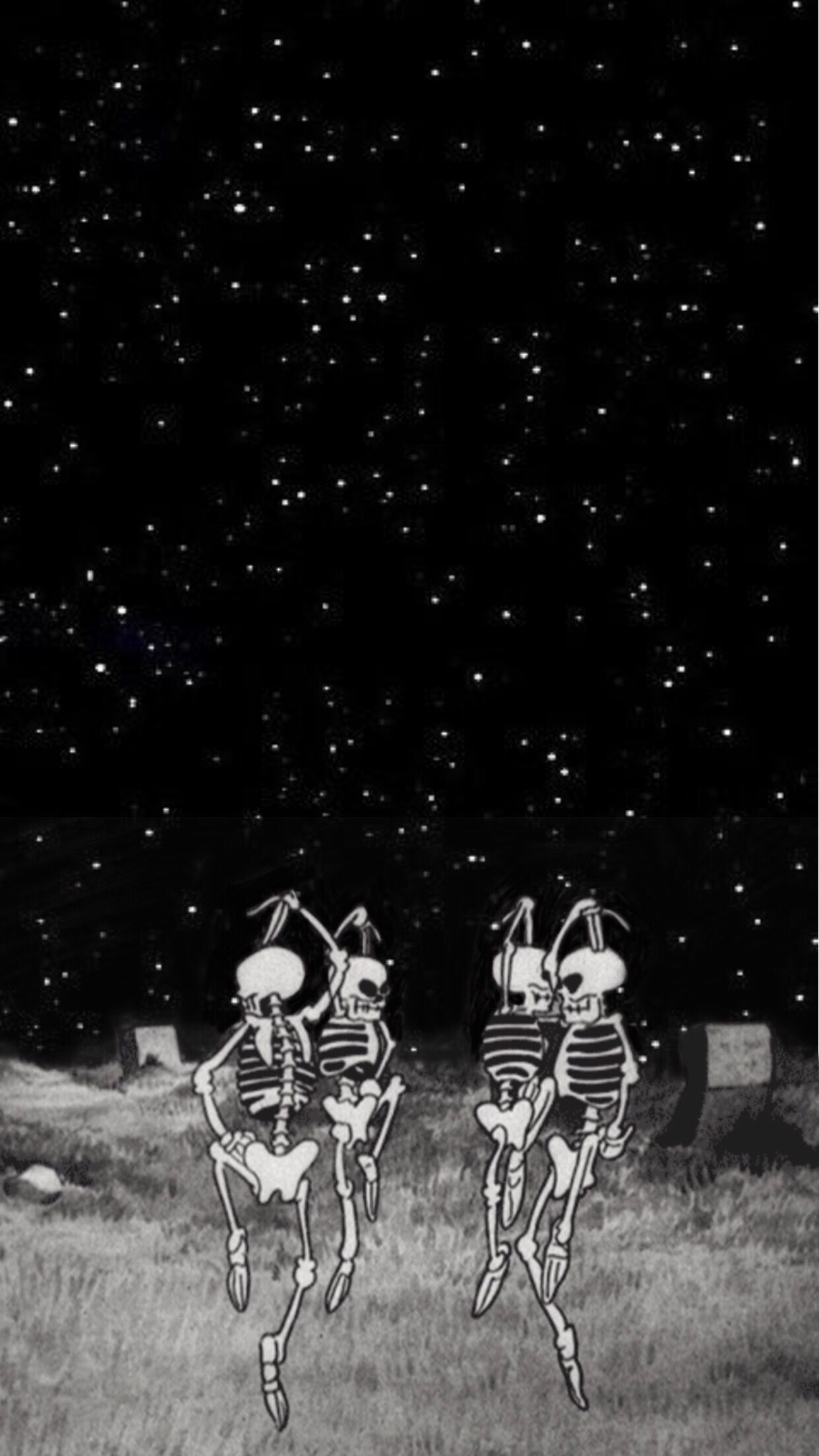 Two skeletons sit on a bench under a starry sky. - Creepy, skeleton, horror, spooky