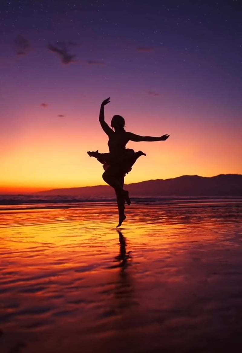 Ballerina, beach, colors, dance, dans, girl, sea, sunset, HD phone wallpaper