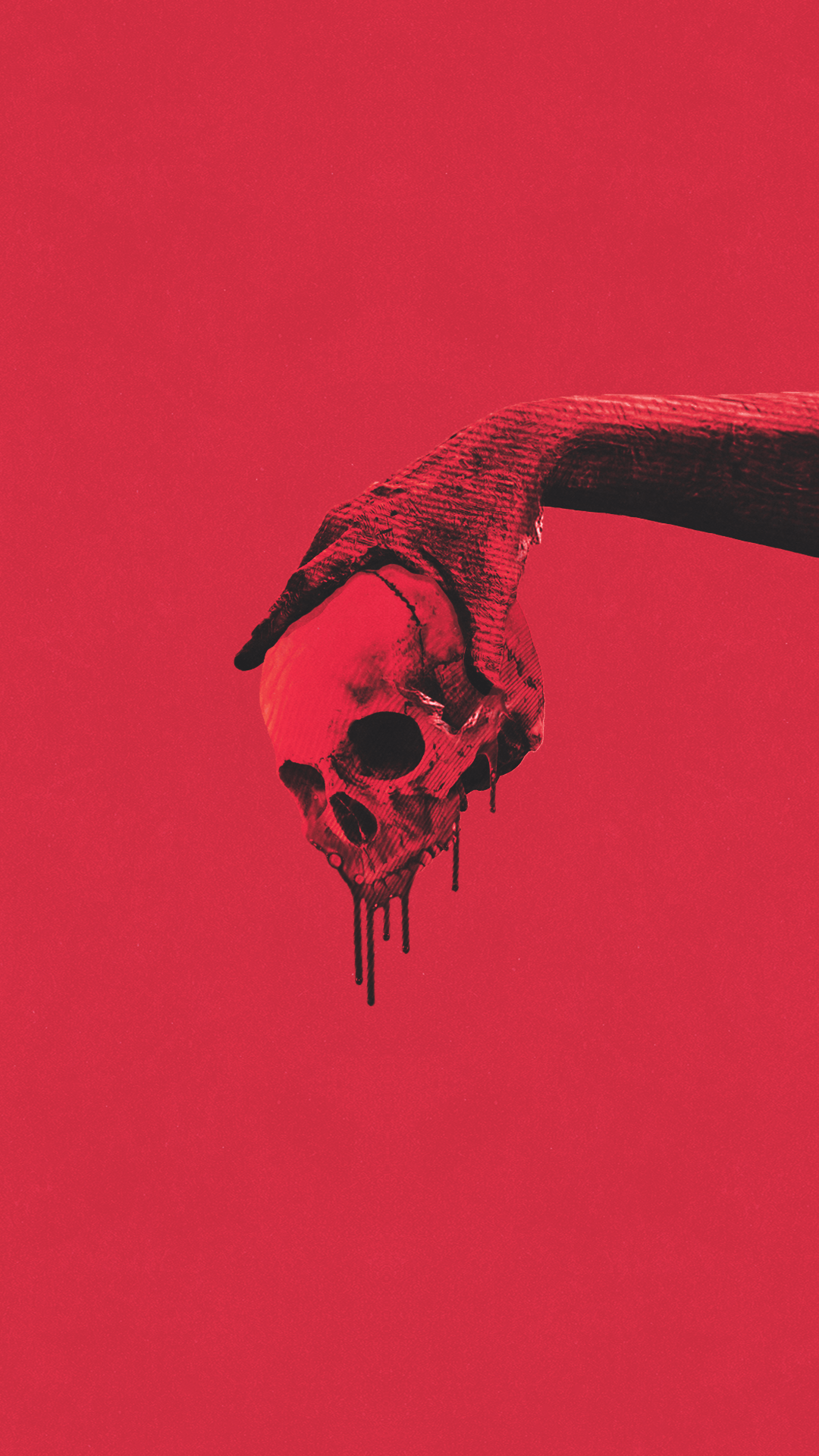 A red image of a hand holding a skull with blood dripping off of it - Creepy, skull