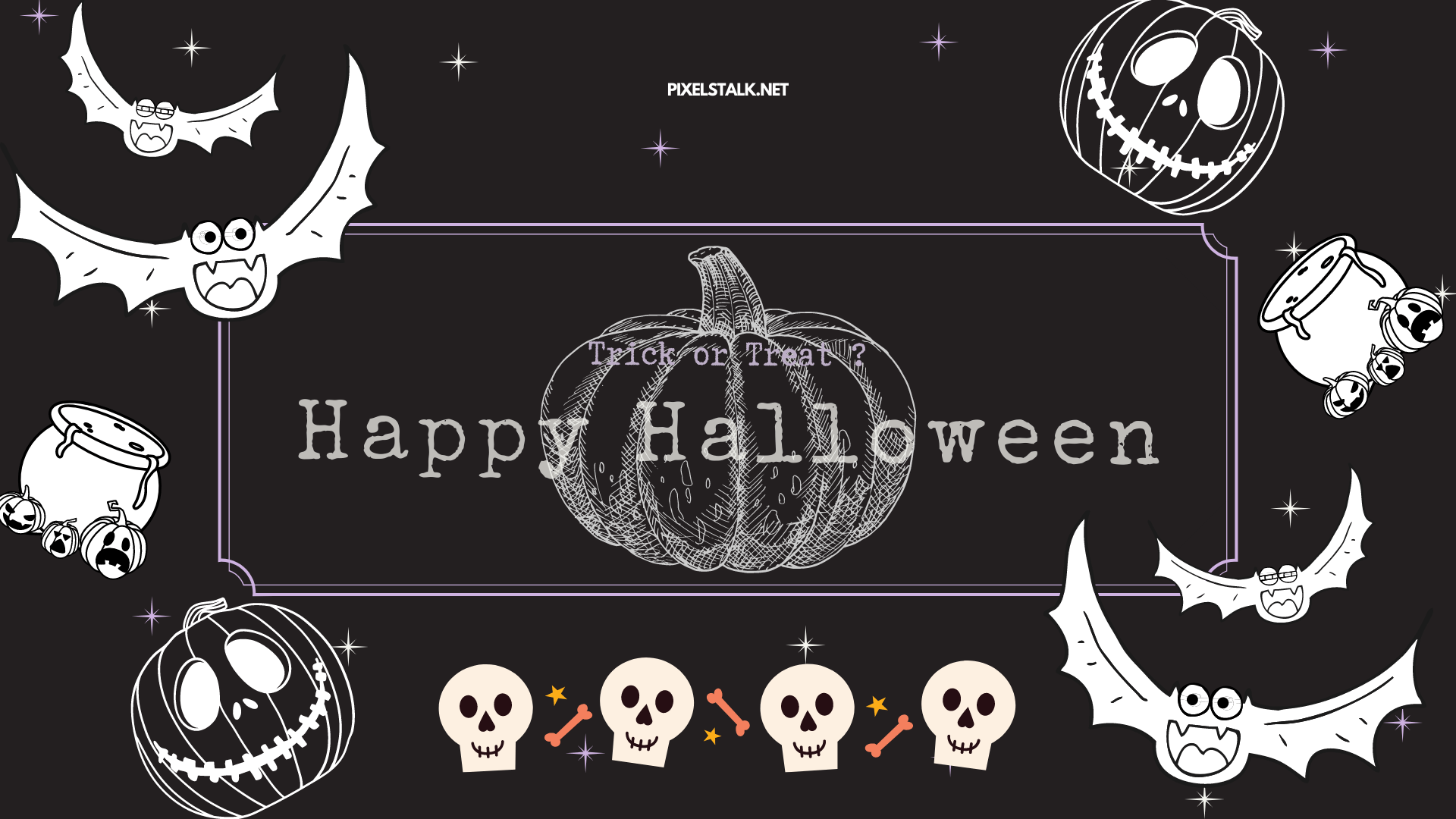 Halloween background with bats, skulls, pumpkins, and a trick or treat banner - Creepy, Halloween, spooky