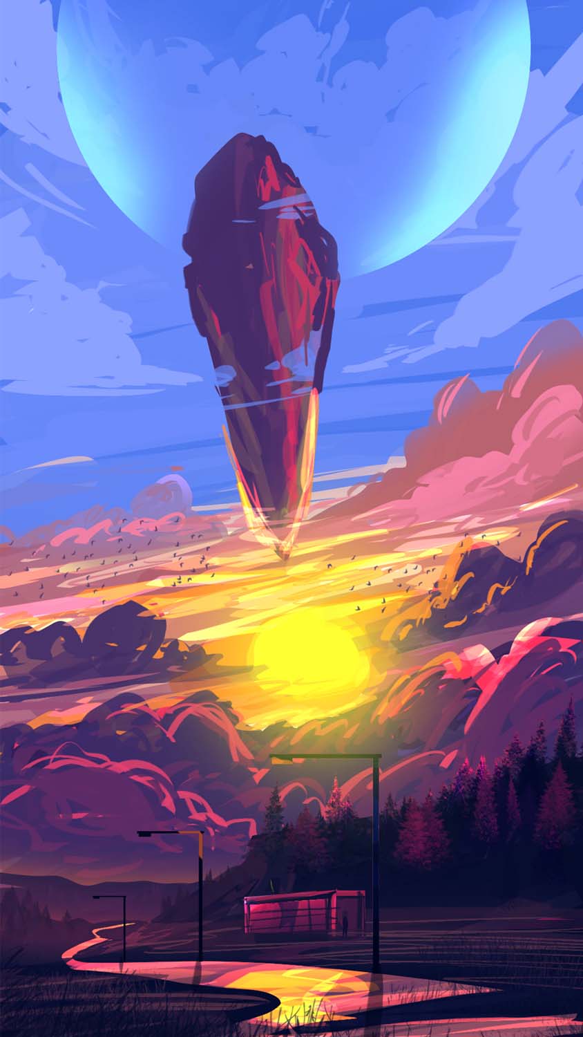 IPhone wallpaper with a colorful illustration of a spaceship flying over a sunset landscape - Rock, vector