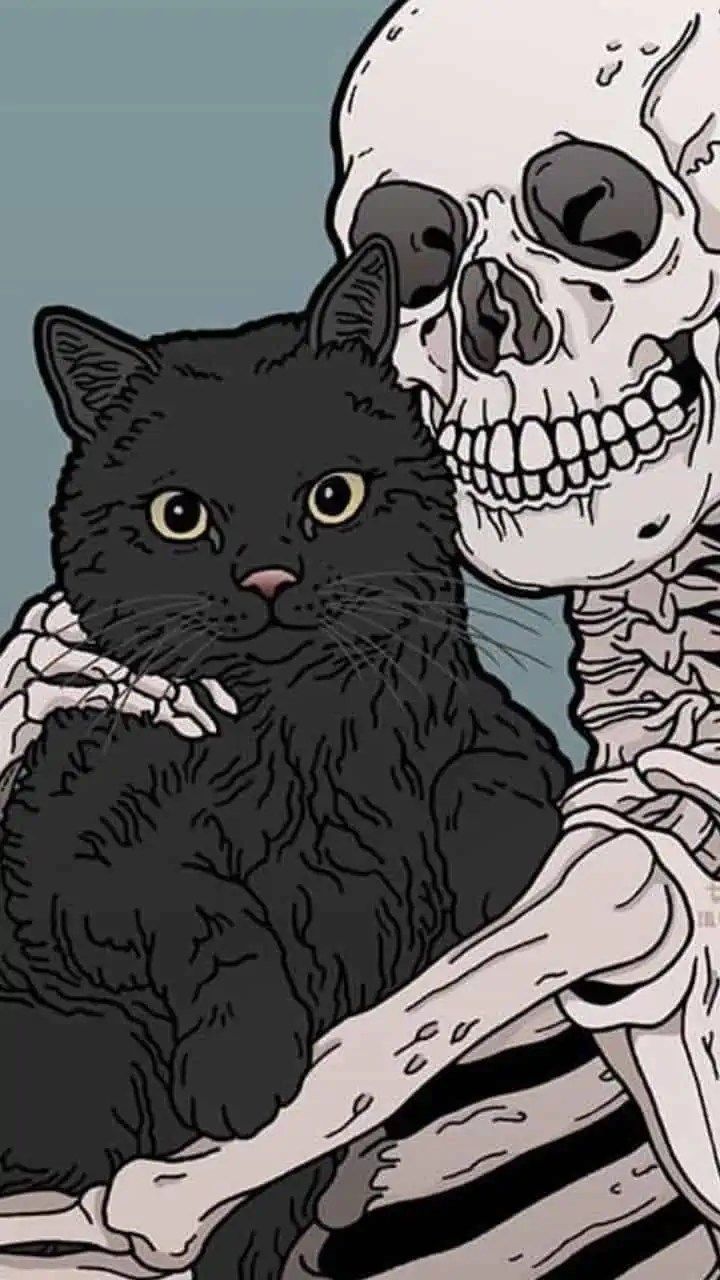 A skeleton holding up an image of black cat - Creepy