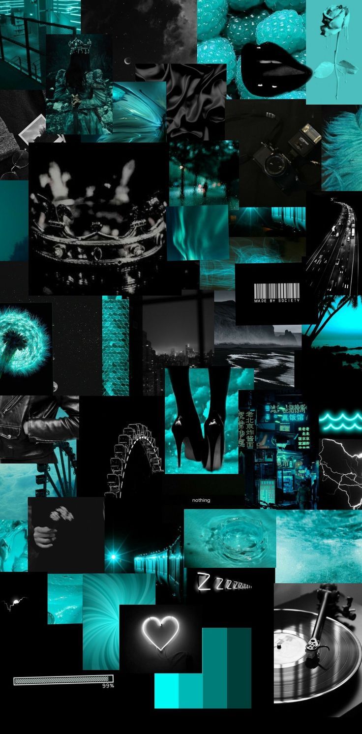 Teal aesthetic background with a collage of pictures - Cyan